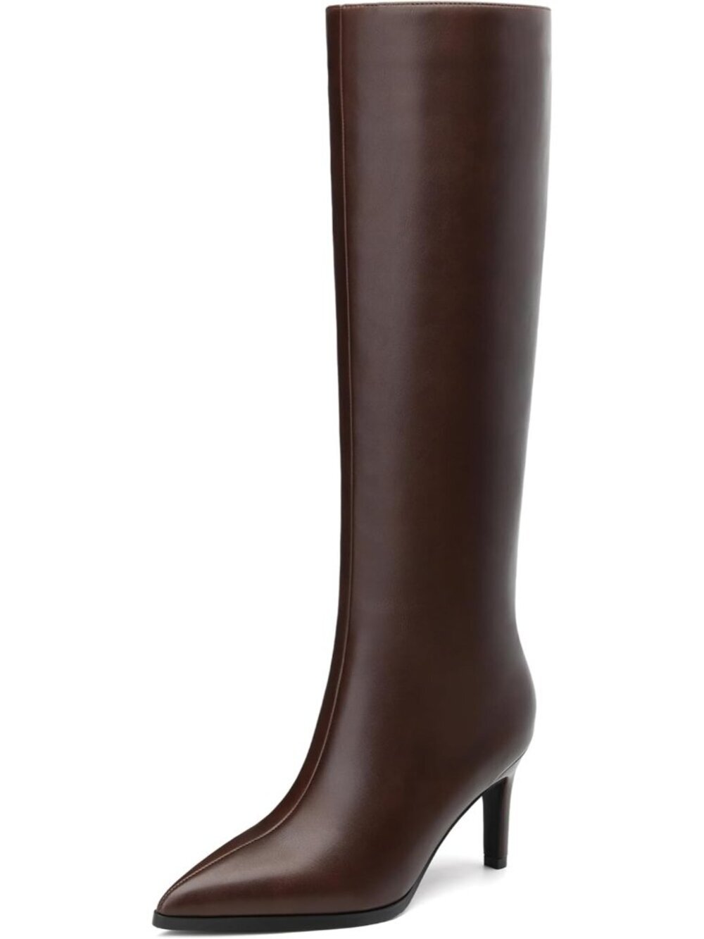Women’s Dark Brown Knee High Boots Pointed Toe Low Kitten Heel Tall Boots